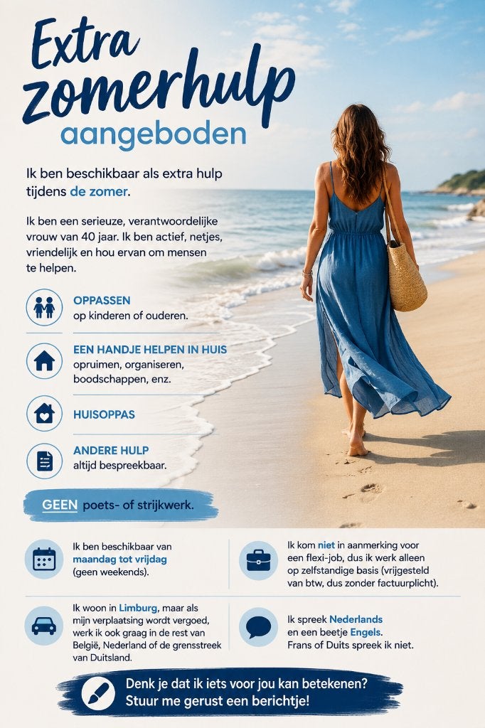 Extra zomerhulp☀️aangeboden, Vacatures, Profielen | Man/Vrouw zoekt werk, Rijbewijs B, Overige uren, Overige branches, Overige vormen