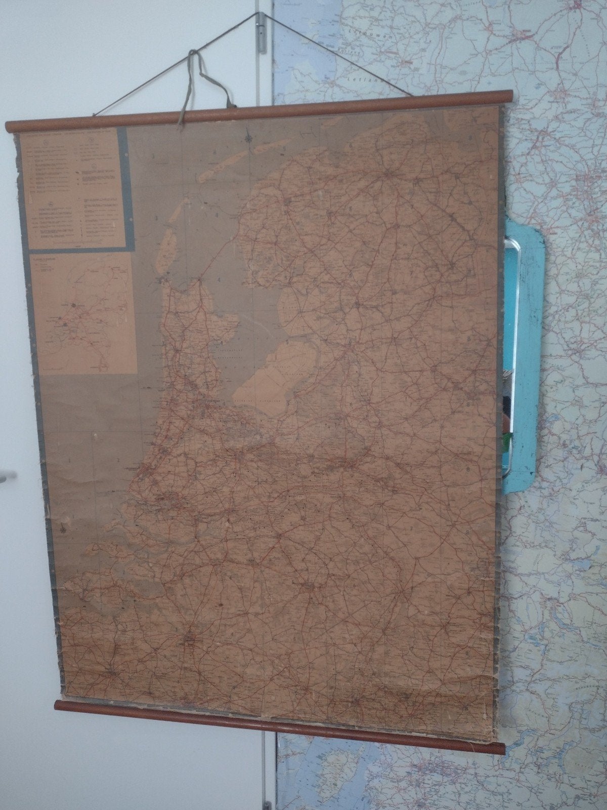Vintage linnen wegenkaart Nederland - Wandkaart, Ophalen of Verzenden