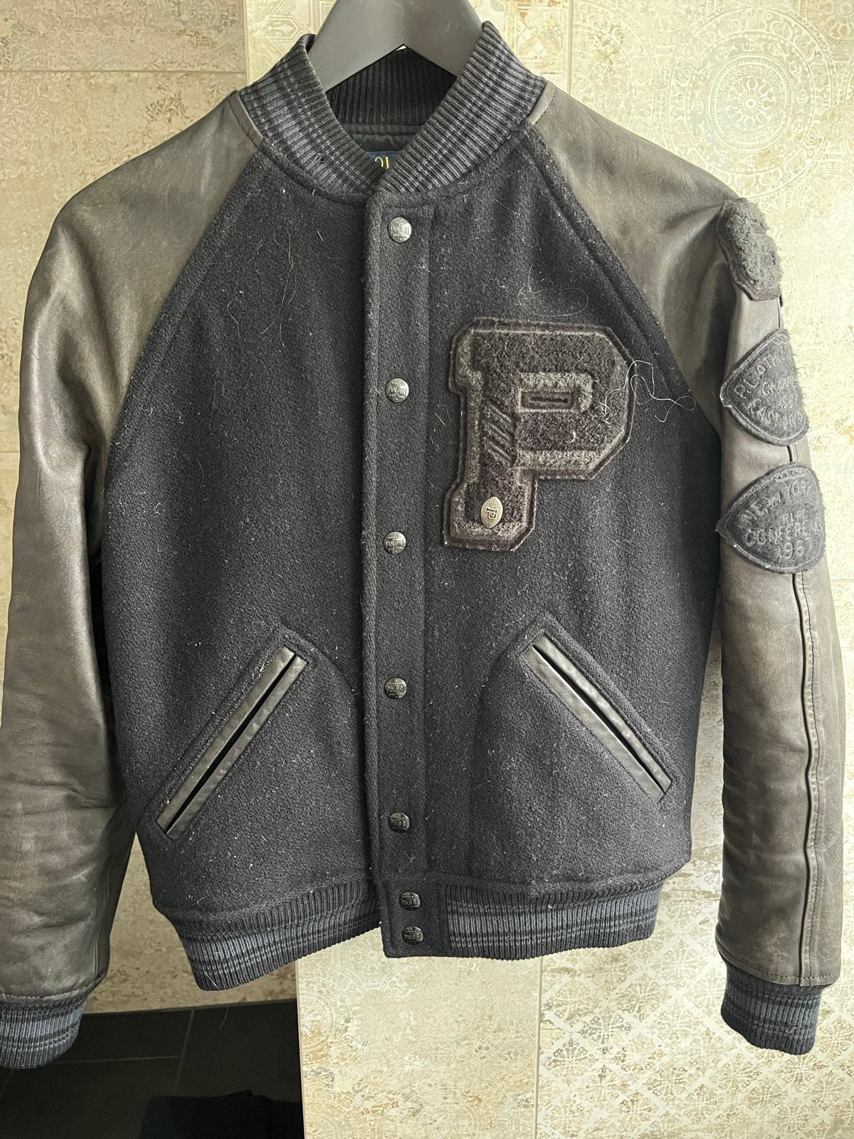 Polo Ralph Lauren Varsity Jack met Leren Mouwen - Maat S, Ophalen, Gedragen, Maat 46 (S) of kleiner, Zwart