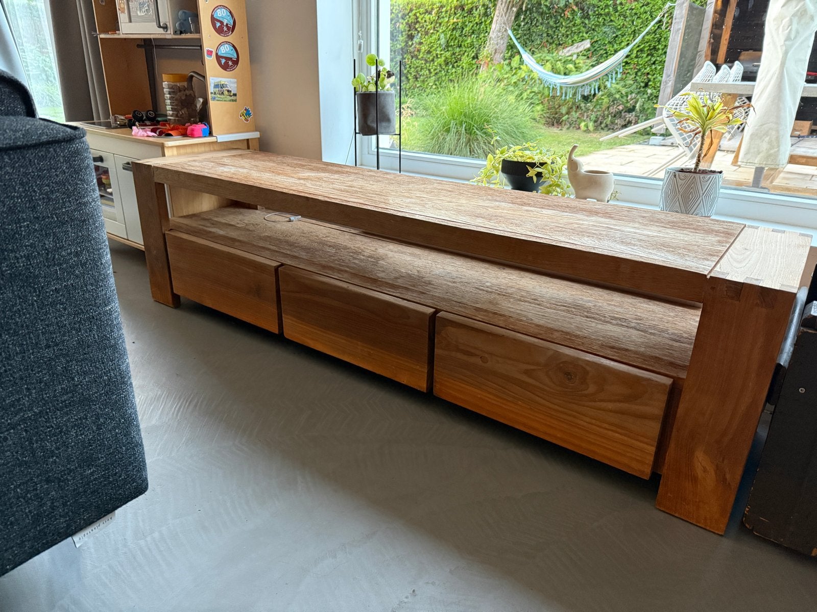 Onbehandeld Teak TV Meubel met 3 Lades - 173cm, Huis en Inrichting, Kasten | Televisiemeubels, Ophalen, Gebruikt, 150 tot 200 cm