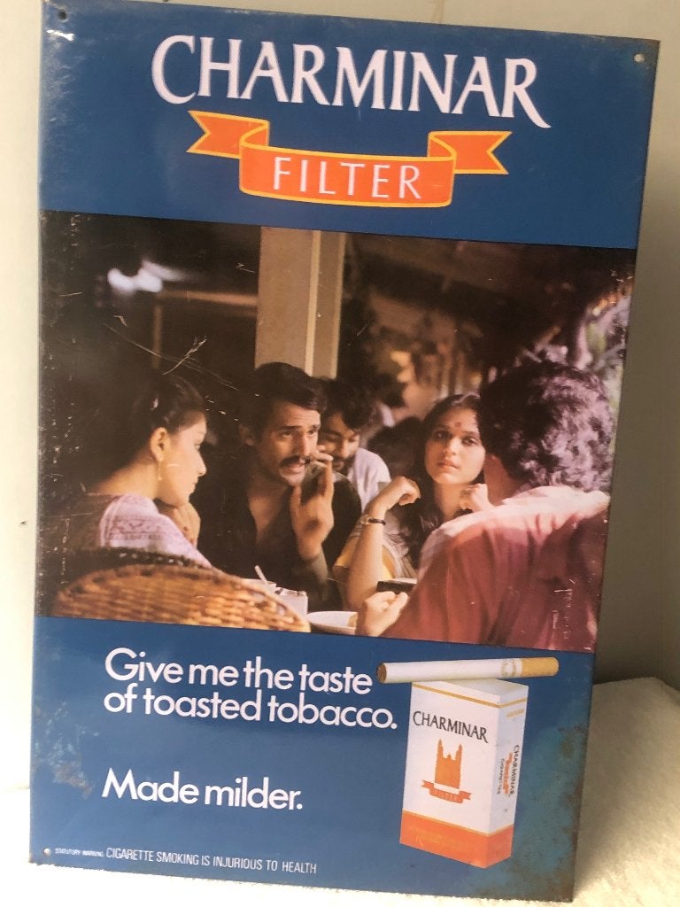 Vintage blikken reclamebord van Charminar sigaretten, India, Ophalen of Verzenden, Gebruikt, Reclamebord