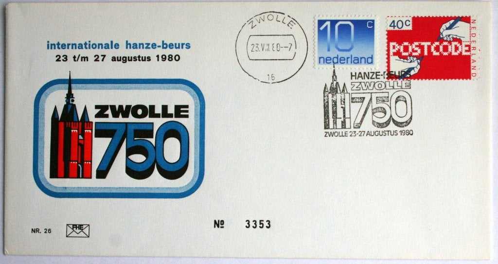 Zwolle 750 jaar in 1980 genummerde envelop, Ophalen of Verzenden, Envelop