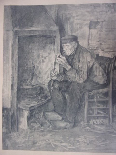 Rinke, Jan - Boer met pijp bij de haard. Grote Litho ca.1910, Dagelijks leven, Blanco verso, Lithografie, 48 cm