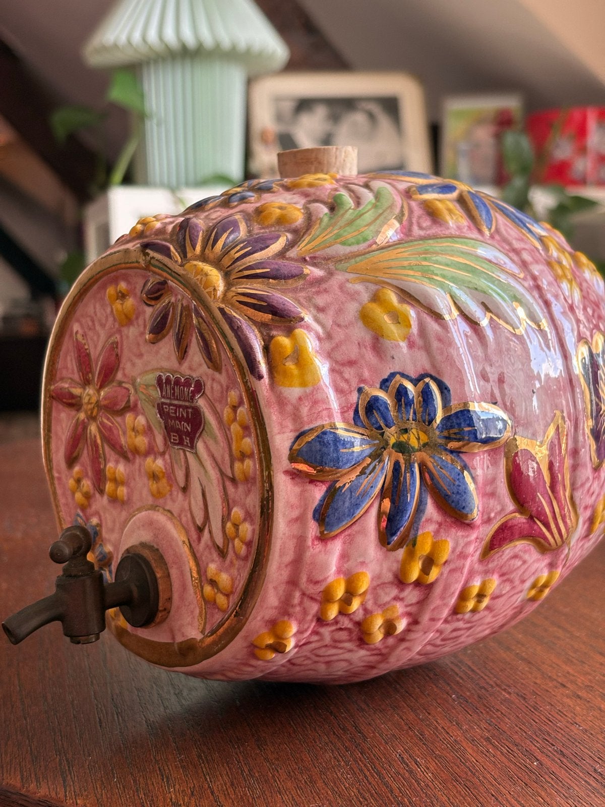 Vintage Anemone Peint Main Drank/Olie Dispenser, Ophalen