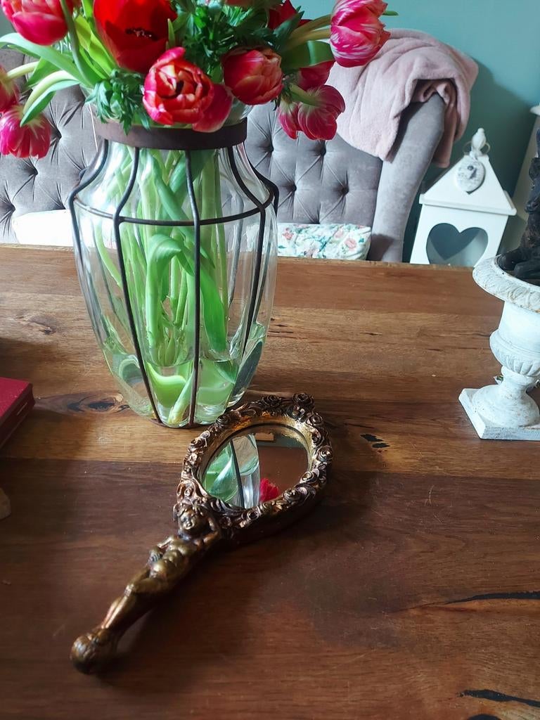 Zeer mooie sierlijke Brocante Bois-Doré handspiegel, Antiek en Kunst, Curiosa en Brocante, Ophalen of Verzenden