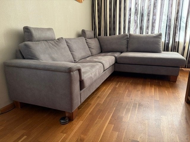 Prachte Dolfijn grijze stoffen hoekbank & fauteuil, Ophalen, 250 tot 300 cm, Gebruikt, Hoekbank