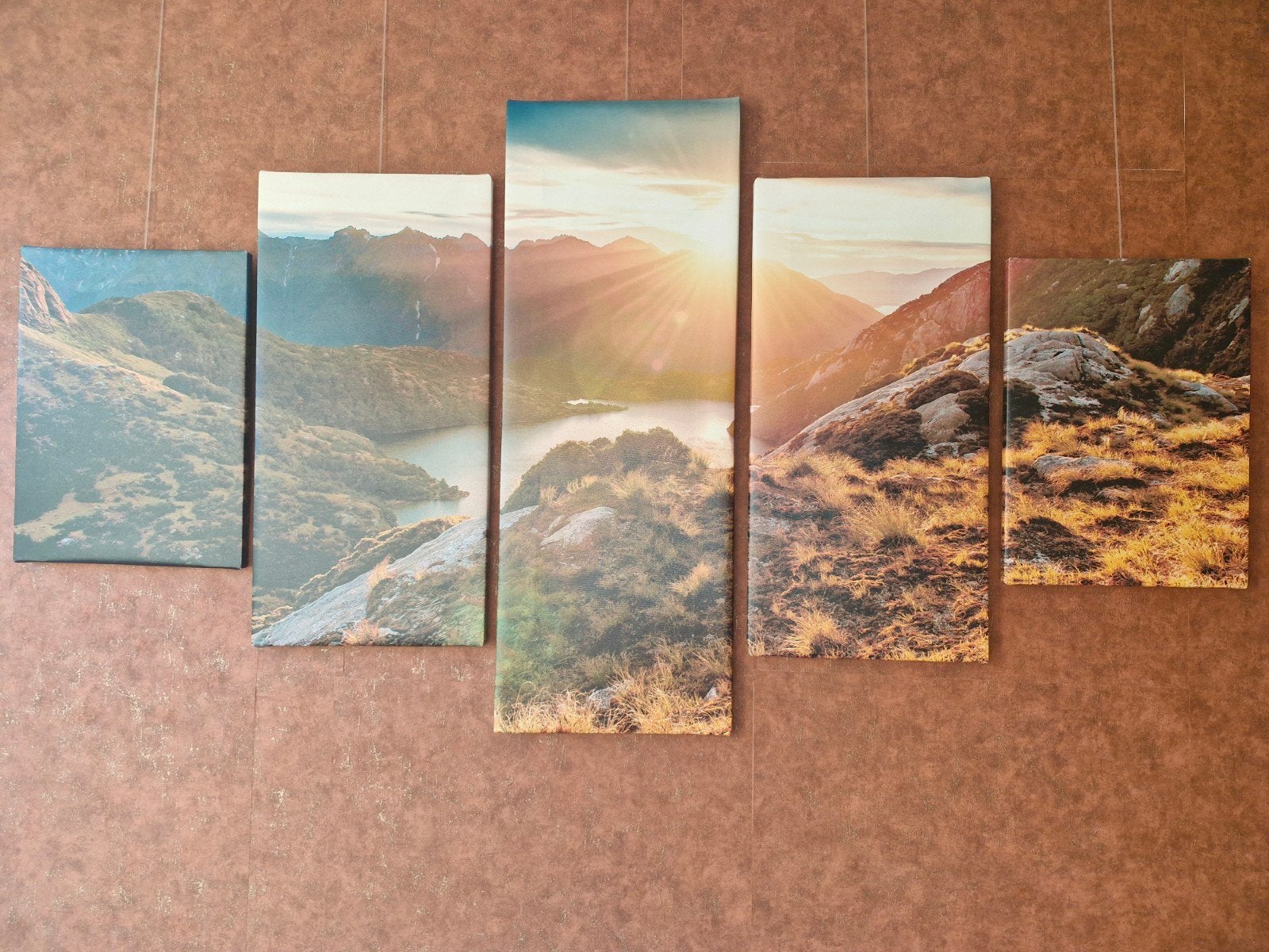 5-delig schilderij berglandschap zonsopgang, Ophalen, 50 – 75, Gebruikt, Schilderij