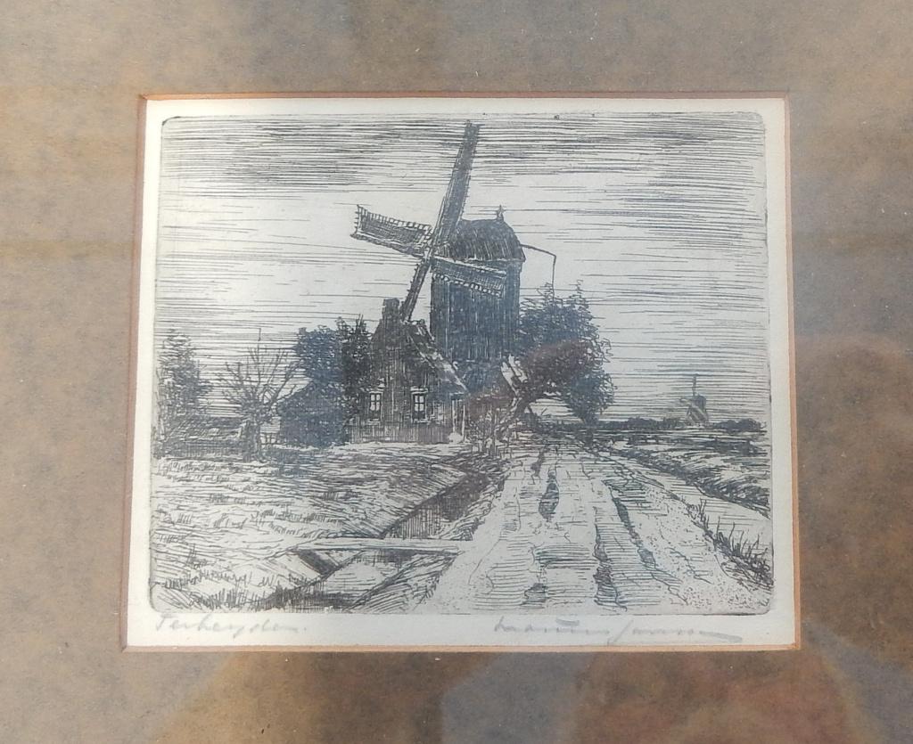 Molen Terheyden. Ingelijste ets., Ophalen of Verzenden, Landschap, Gesigneerd