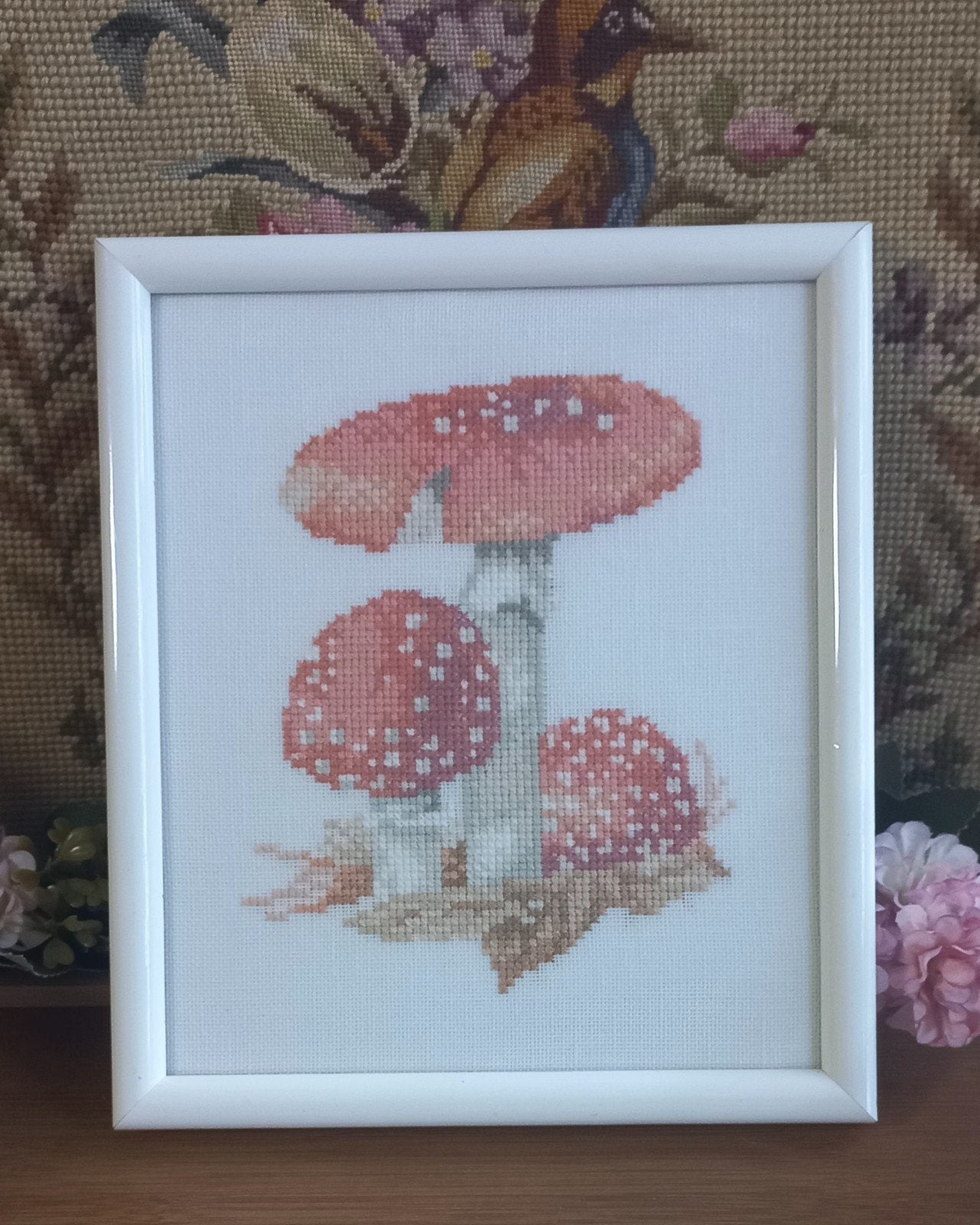 Leuk geborduurd schilderijtje, paddestoelen, rood/oranje, Ophalen of Verzenden, Oranje