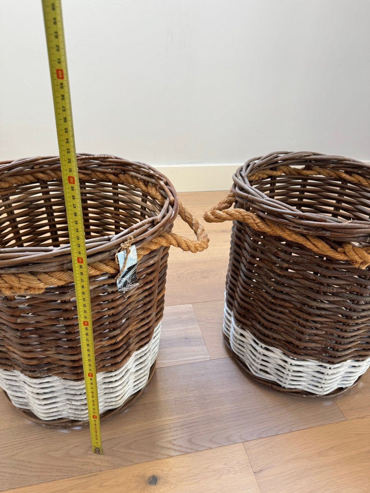 Set van 2 rieten manden met touw handvatten, Huis en Inrichting, Ophalen, Natuurlijk materiaal, Bruin, Landelijk