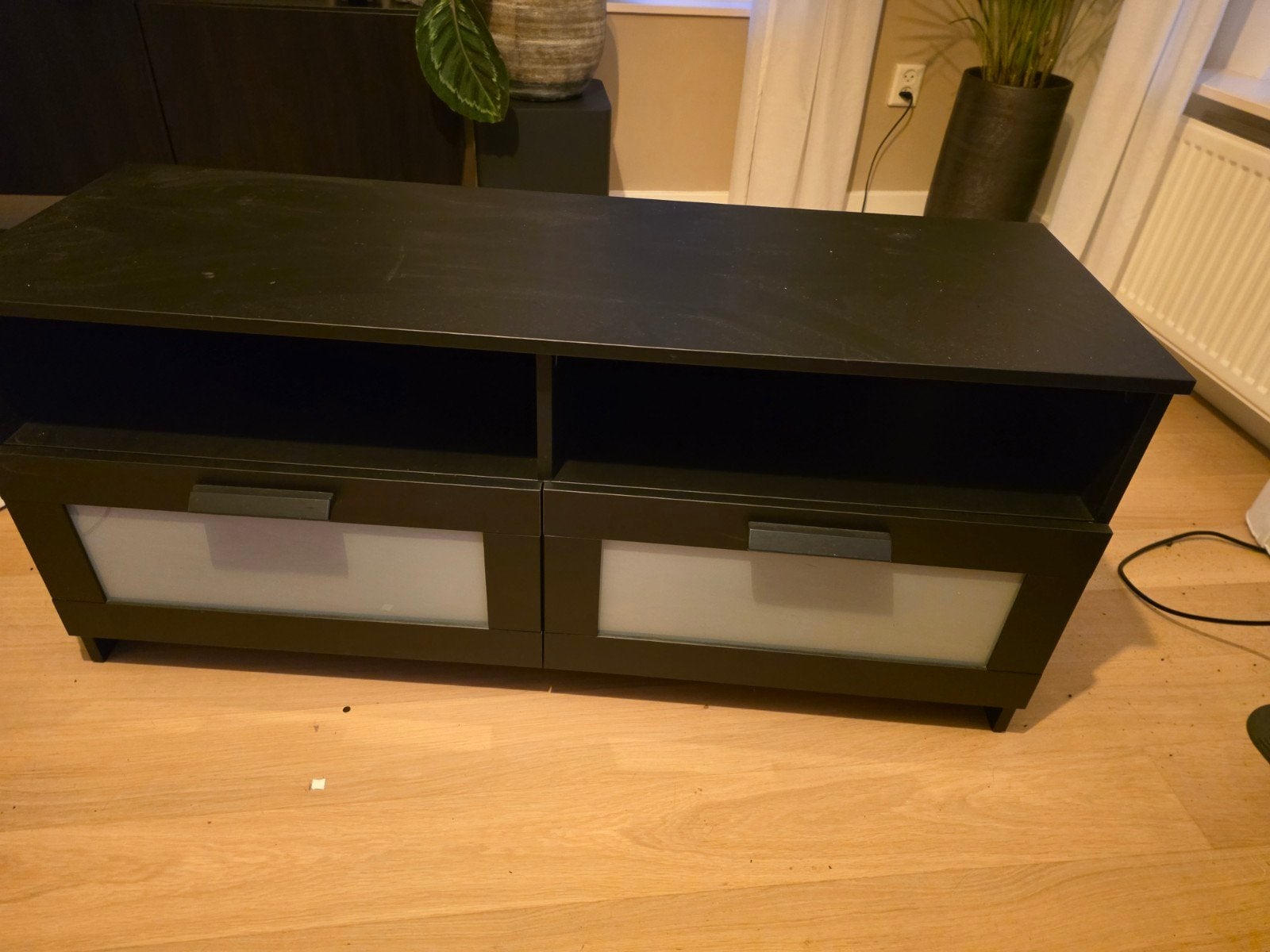 IKEA TV meubel 1.20m breed - Zwart met lades, Ophalen, Gebruikt, 100 tot 150 cm, Glas