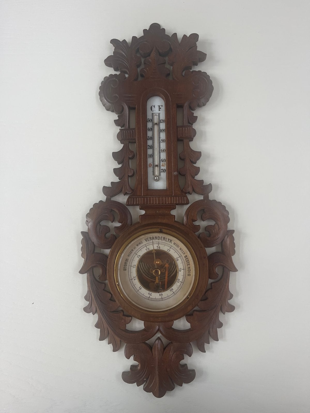 Antieke Barometer met Thermometer - Houtsnijwerk, Ophalen of Verzenden, Gebruikt, Barometer