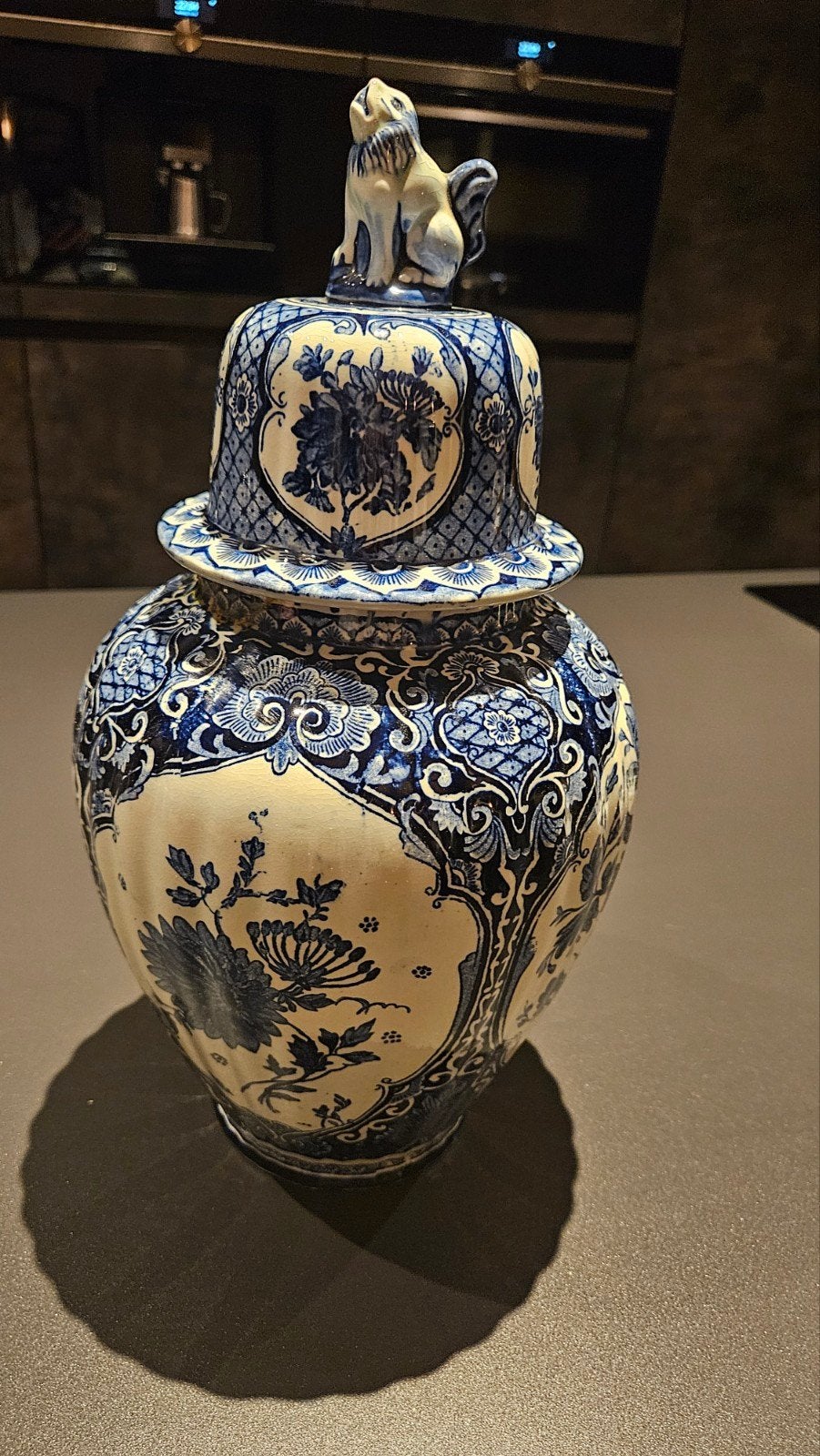 Antieke Delfts Blauwe Gemberpot met Leeuw Deksel, Antiek en Kunst, Ophalen of Verzenden