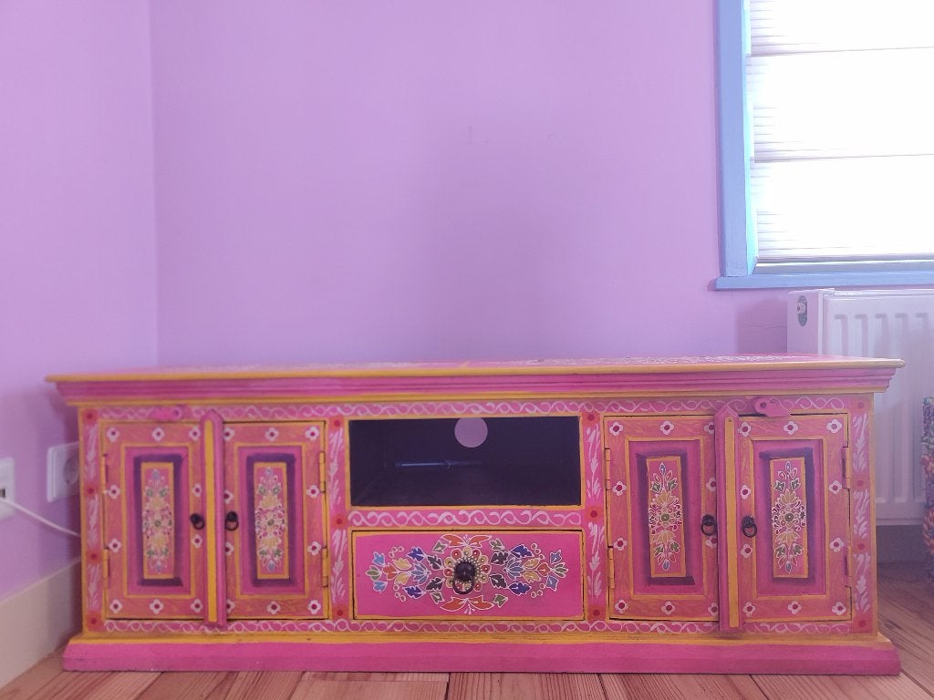 Handbeschilderd massief houten tv-meubel / dressoir roze, Ophalen, 100 tot 150 cm, Nieuw, Minder dan 100 cm
