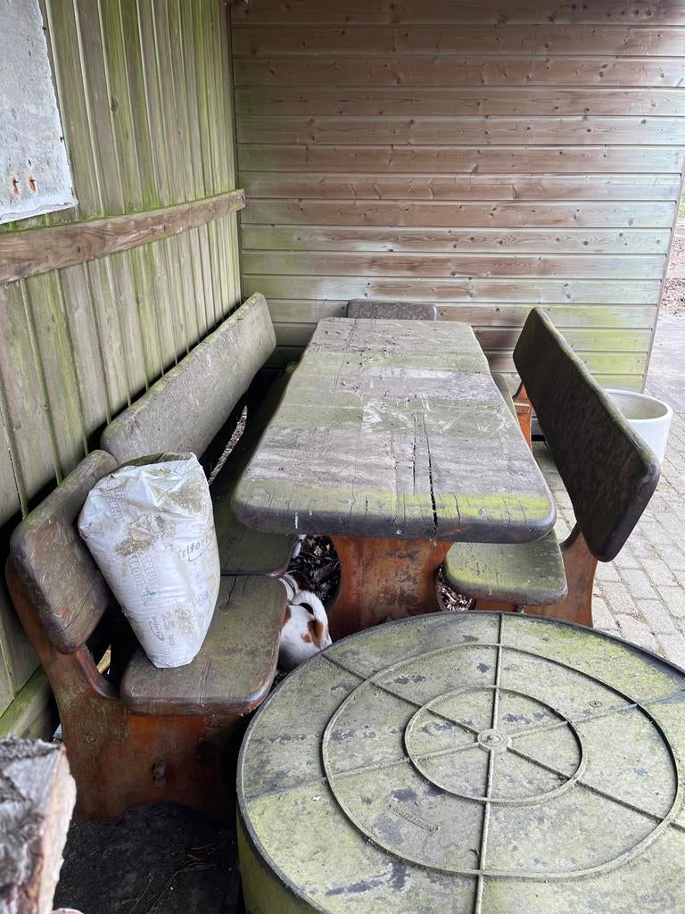 Houten picknickset: tafel, 2 banken en 2 stoelen, Tuin en Terras, Picknicktafels, Ophalen of Verzenden, Gebruikt, Rechthoekig