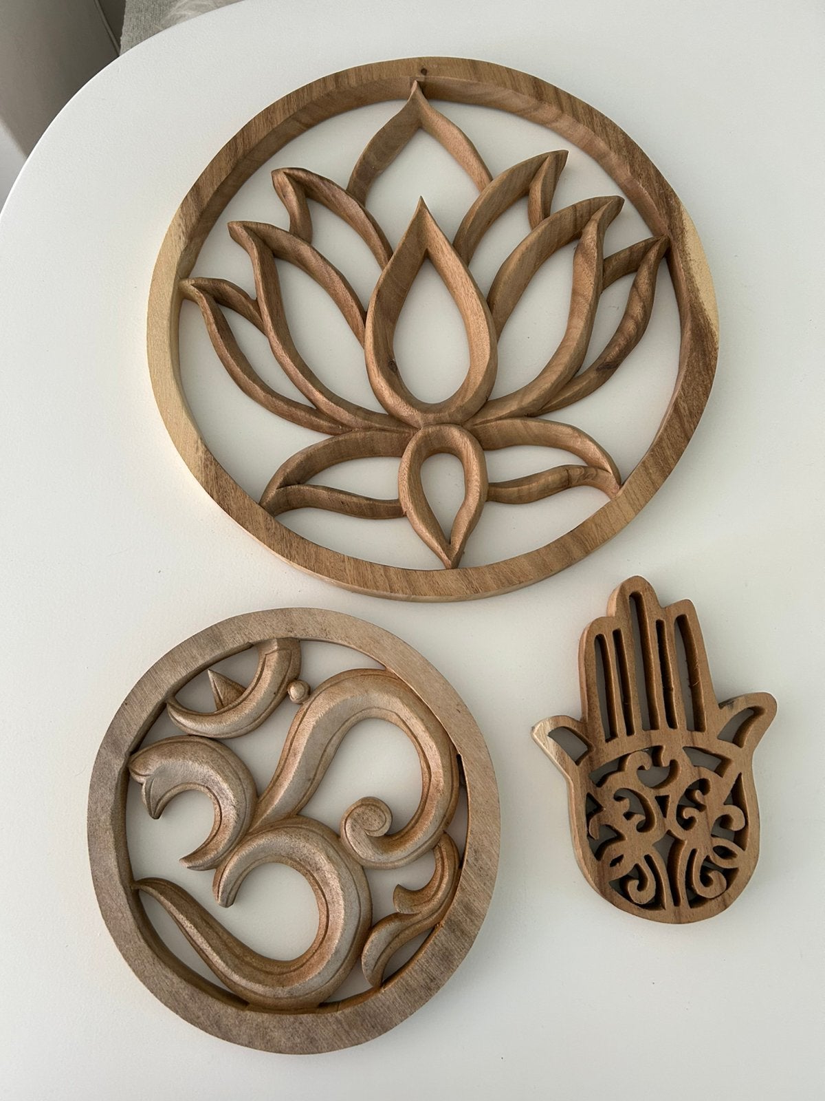 Loods 5 hout Ohm Hamsa Lotus wanddecoratie zie info, Huis en Inrichting, Ophalen, Zo goed als nieuw