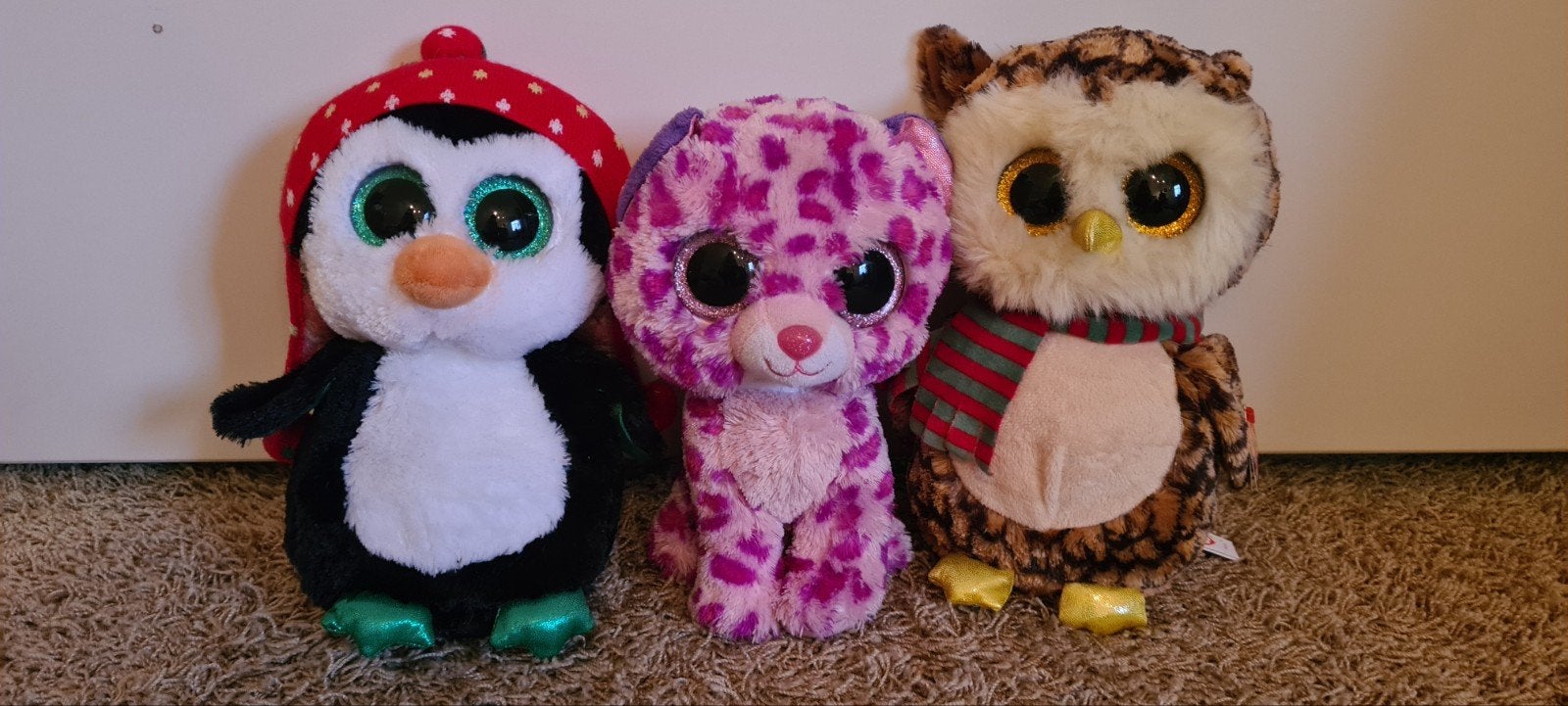 Set van 3 Ty knuffels: Pinguïn, Luipaard en Uil (24cm), Gebruikt, Overige typen, Ophalen of Verzenden, Middelgroot (20 tot 80 cm)