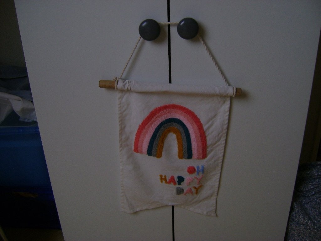stoffen wand decoratie met oh happy day erop 45hx32breed, 45 cm, Meerkleurig, 32 cm, Ophalen of Verzenden