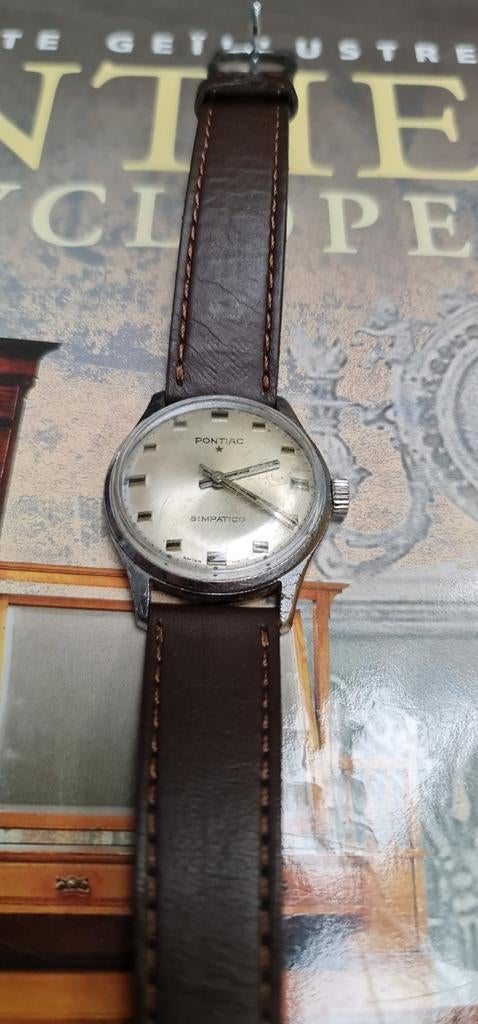 Pontiac Simpatico - vintage horloge - jaren 60, Overige merken, Staal, Ophalen of Verzenden, Leer