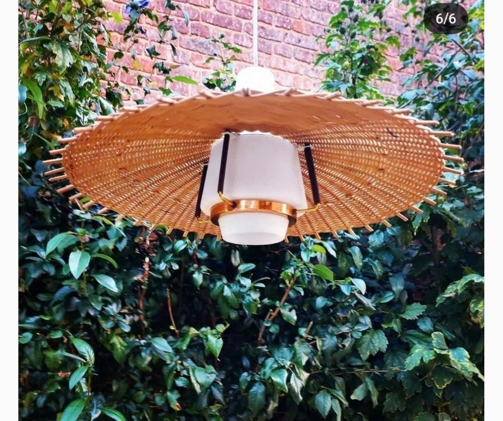 Vintage rotan hanglamp, Ophalen of Verzenden, Glas, Vintage Boho ibiza, Minder dan 50 cm