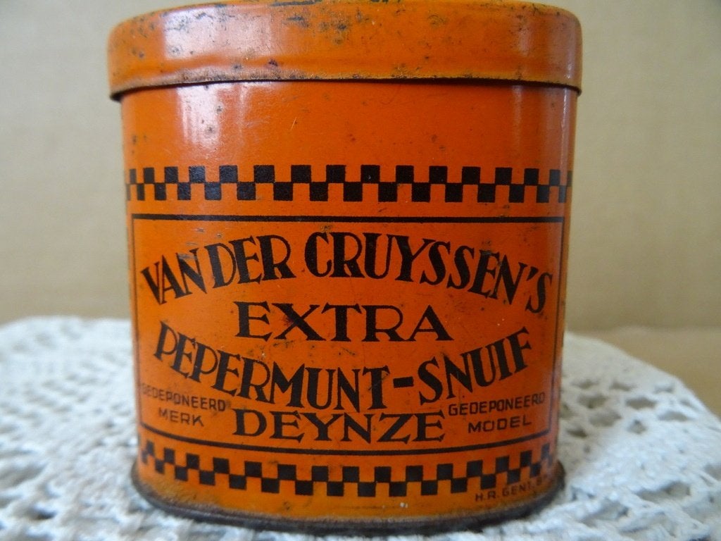 Antiek blikje Van der Cruyssens Deynze extra pepermunt-snuif, Verzamelen, Blikken, Ophalen of Verzenden, Gebruikt, Overige, Overige merken