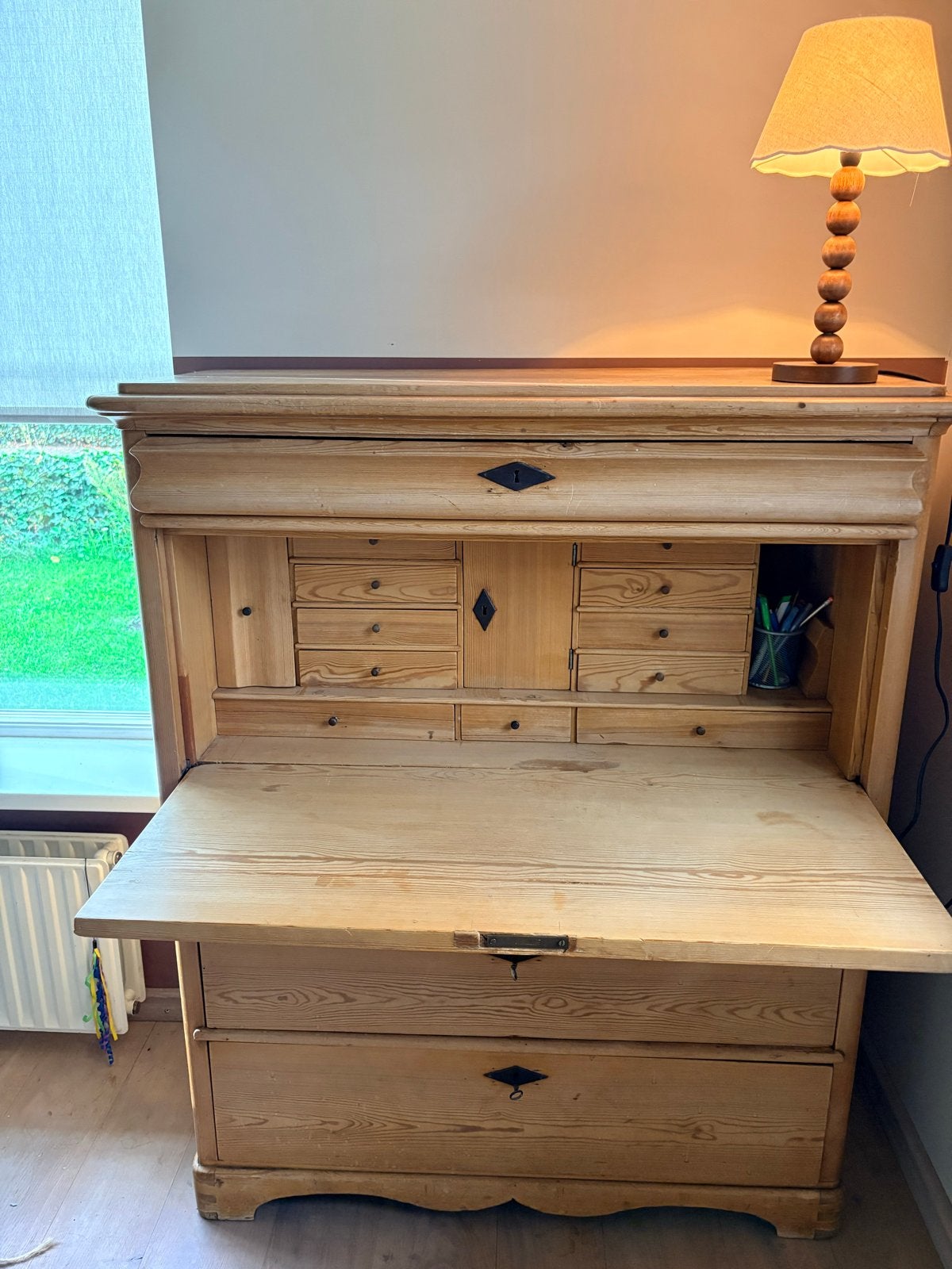 Antiek grenen secretaire met ladeblok, Ophalen
