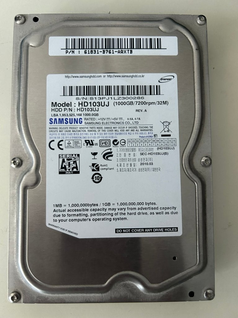 Samsung HD103UJ 1TB HDD - Intern, SATA (2 stuks aanwezig), Computers en Software, Harde schijven, Intern, Gebruikt, Server, Ophalen of Verzenden