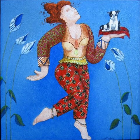 Kleurrijk honden schilderijtje, Verzenden, Handgeschilderd, Acrylverf, Dieren