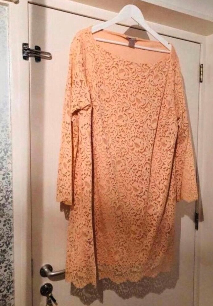 H&M zalm peach kant kanten jurk lange mouw 48/50, Verzenden, Zo goed als nieuw, Oranje, Jurk
