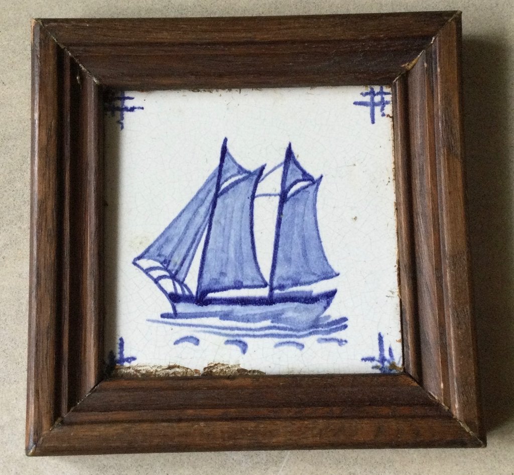 Antieke blauwwitte wandtegel decor zeilboot ingelijst, Verzenden
