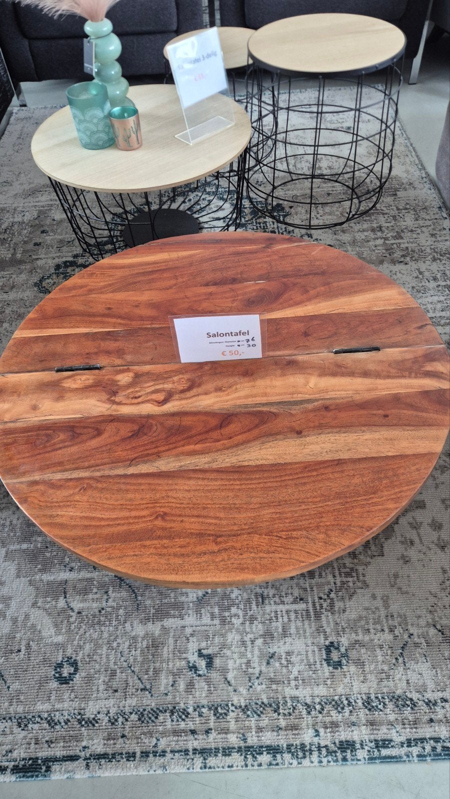 Ronde salontafel met acacia houten blad, diameter 76 cm, Huis en Inrichting, Tafels | Salontafels, Ophalen, Rond, 50 tot 100 cm