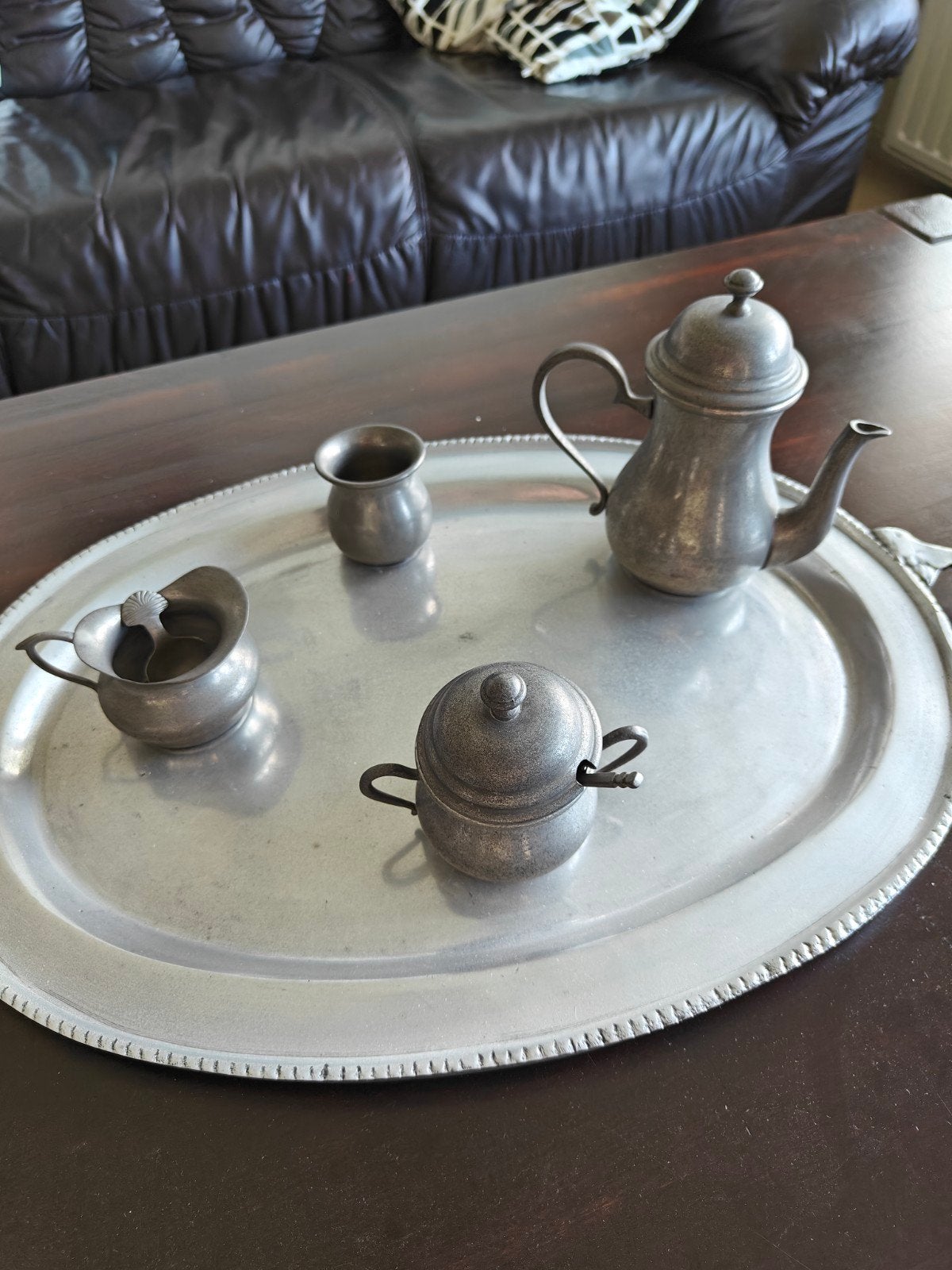 Tinnen theeservies 4-delig melkkan, theepot suikerpot, Ophalen of Verzenden