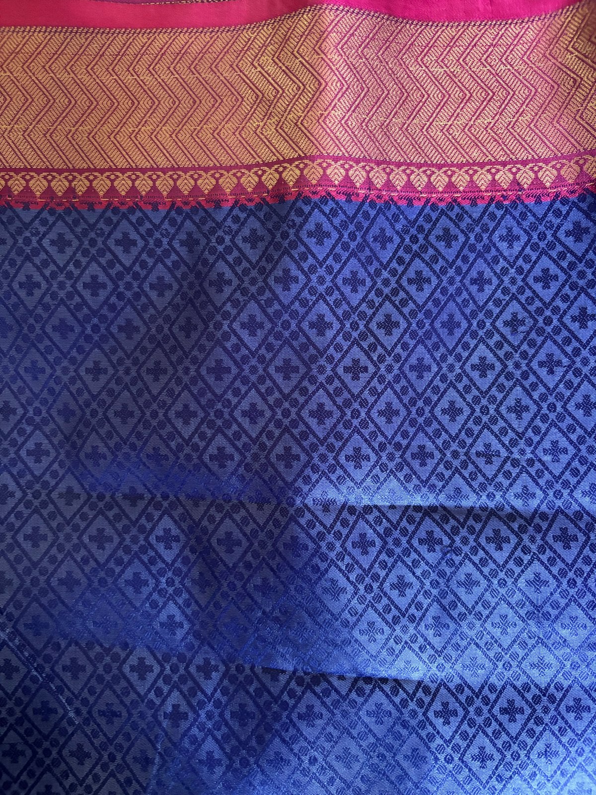 Prachtige Katan Saree - Blauw met Gouden en Roze Details, Ophalen of Verzenden, Nieuw, Maat 38/40 (M), Blauw