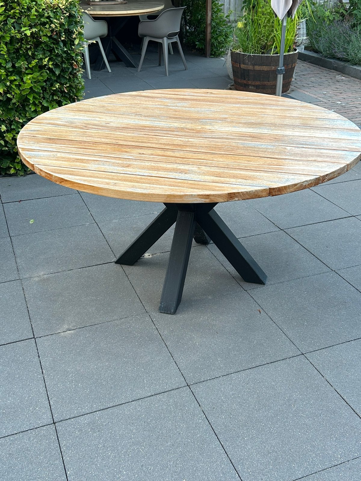Ronde houten tuintafel met aluminium onderstel 150 cm, Ophalen, Gebruikt, Rond, Hout