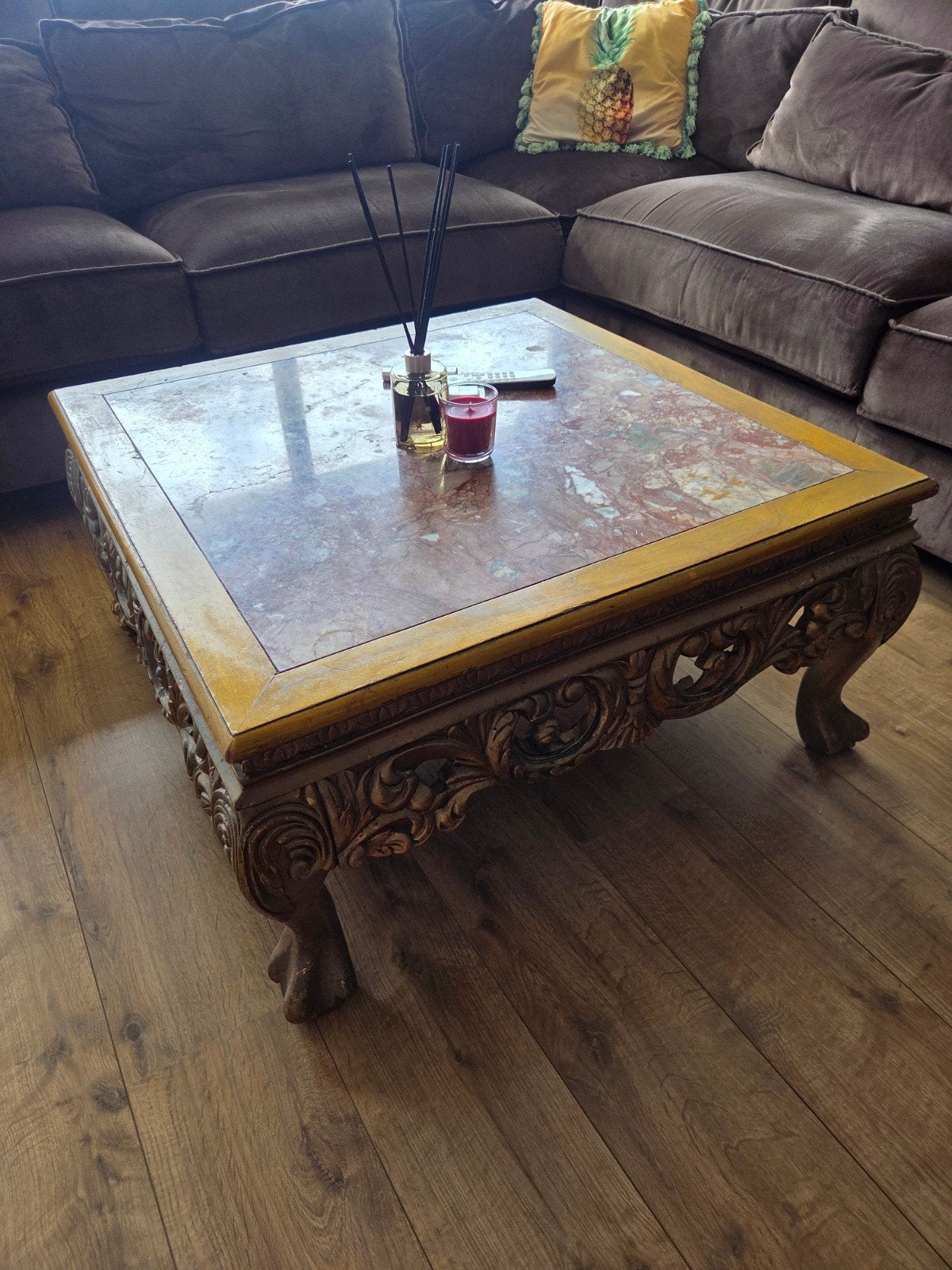 Prachtige zware houten salontafel met marmeren blad, Ophalen, Gebruikt, 50 tot 100 cm, 50 tot 100 cm