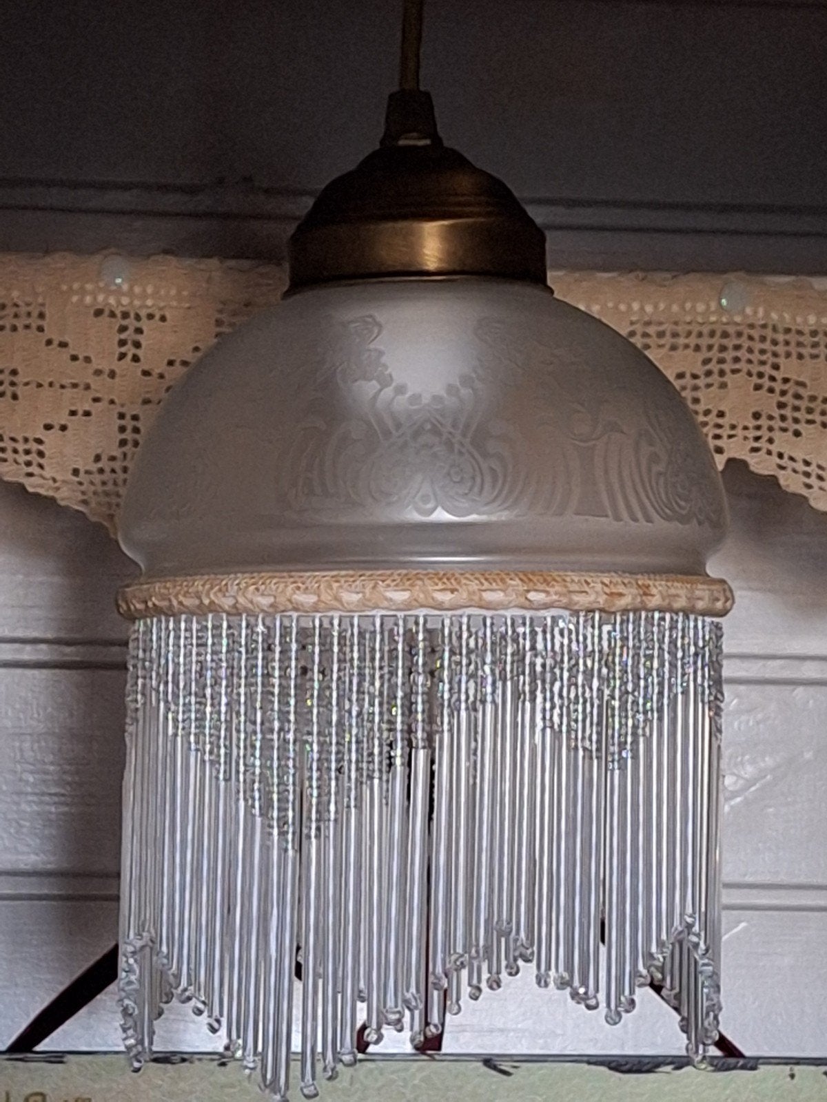 Vintage hanglampje met glazen kralen en geëtst glas, Ophalen of Verzenden