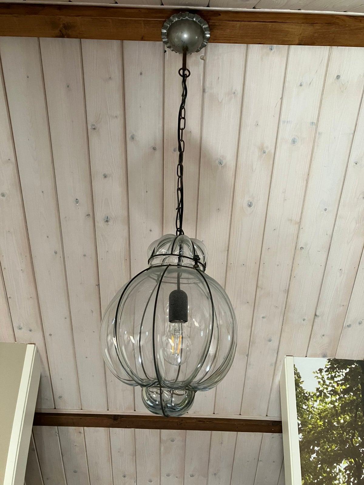 Venetiaans glazen hanglamp vintage industrieel, Ophalen, Gebruikt, Glas, E27 (groot)