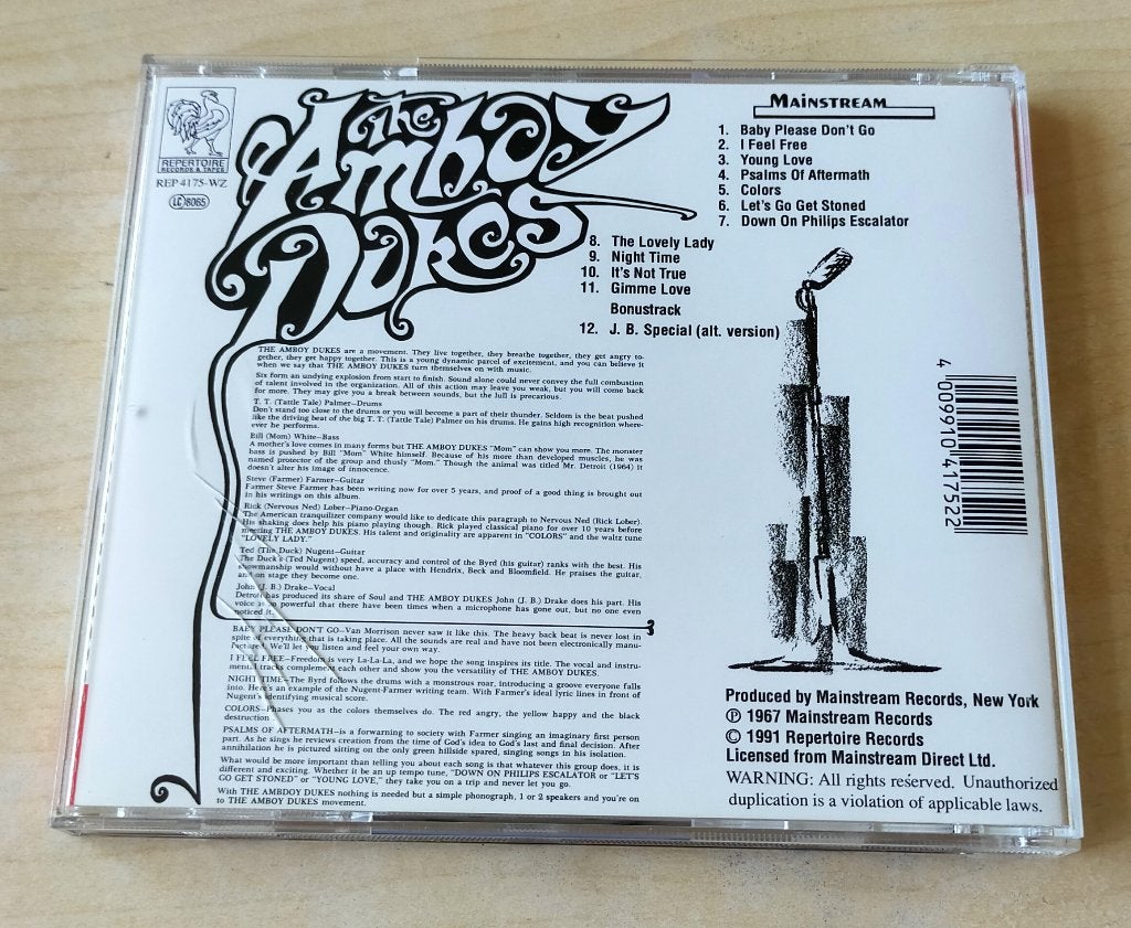 The Amboy Dukes CD 1967/1991 Ted Nugent, Cd's en Dvd's, Cd's | Rock, Ophalen of Verzenden, Zo goed als nieuw, Psychedelic Rock