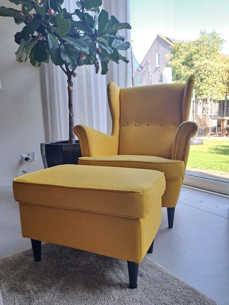 Ikea Strandmon fauteuil/stoel met poef - Tibbleby Geel, Ophalen, Gebruikt, Modern, Scandinavisch, 75 tot 100 cm