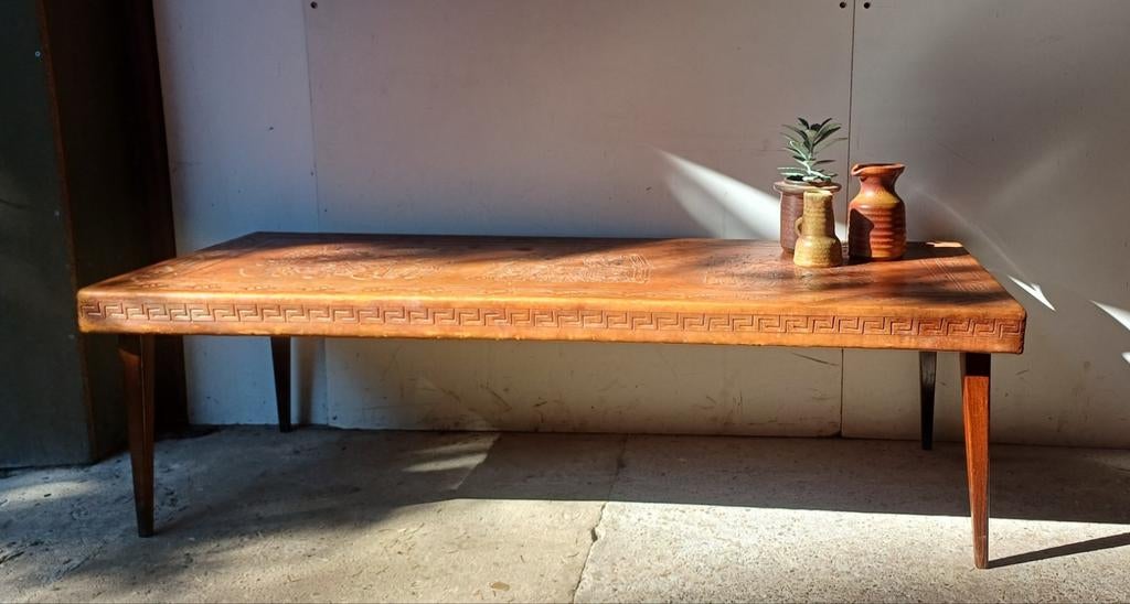 Prachig uniek vintage salontafel Angel Pazmino leer bekleed, Ophalen of Verzenden