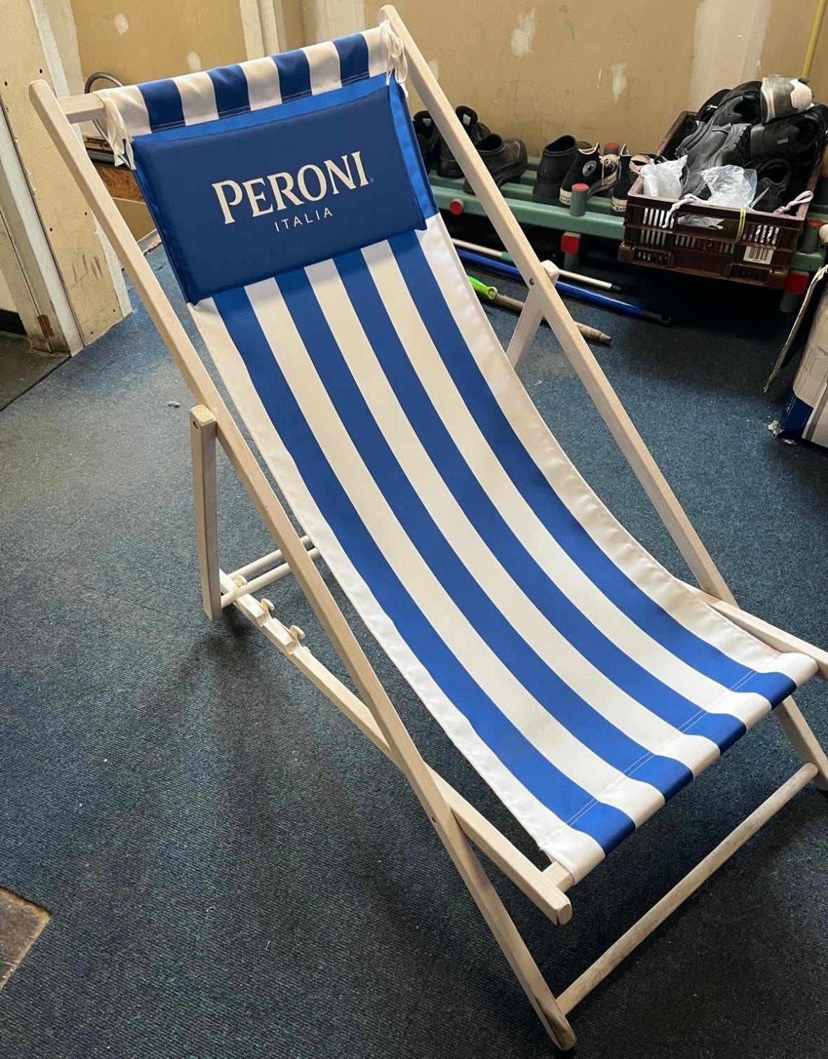 Peroni Italia Strandstoel - Blauw/Wit gestreept, Ophalen, Gebruikt, Hout, Inklapbaar