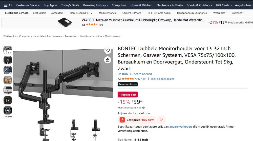 BONTEC Dubbele Monitorhouder - Dual Monitor arm, Computers en Software, Monitoren, Ophalen of Verzenden, Zo goed als nieuw, Overige typen