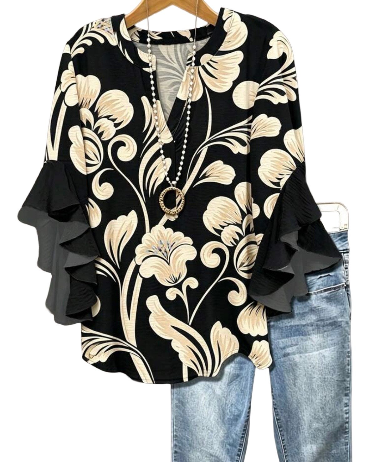 Zwarte blouse met bloemenprint en ruches mouwen (34-46), Verzenden, Nieuw, Zwart