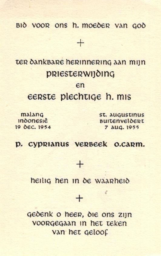 Verbeek Cyprianus Malang (Ind) 1954 Buitenveldert, Verzamelen, Ophalen of Verzenden