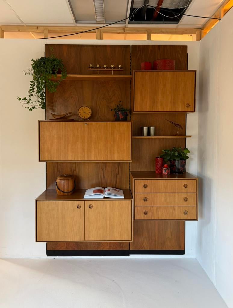 Vintage XL modulair notenhouten wandsysteem ‘80, Overige houtsoorten, 200 cm of meer, 150 tot 200 cm, Ophalen of Verzenden