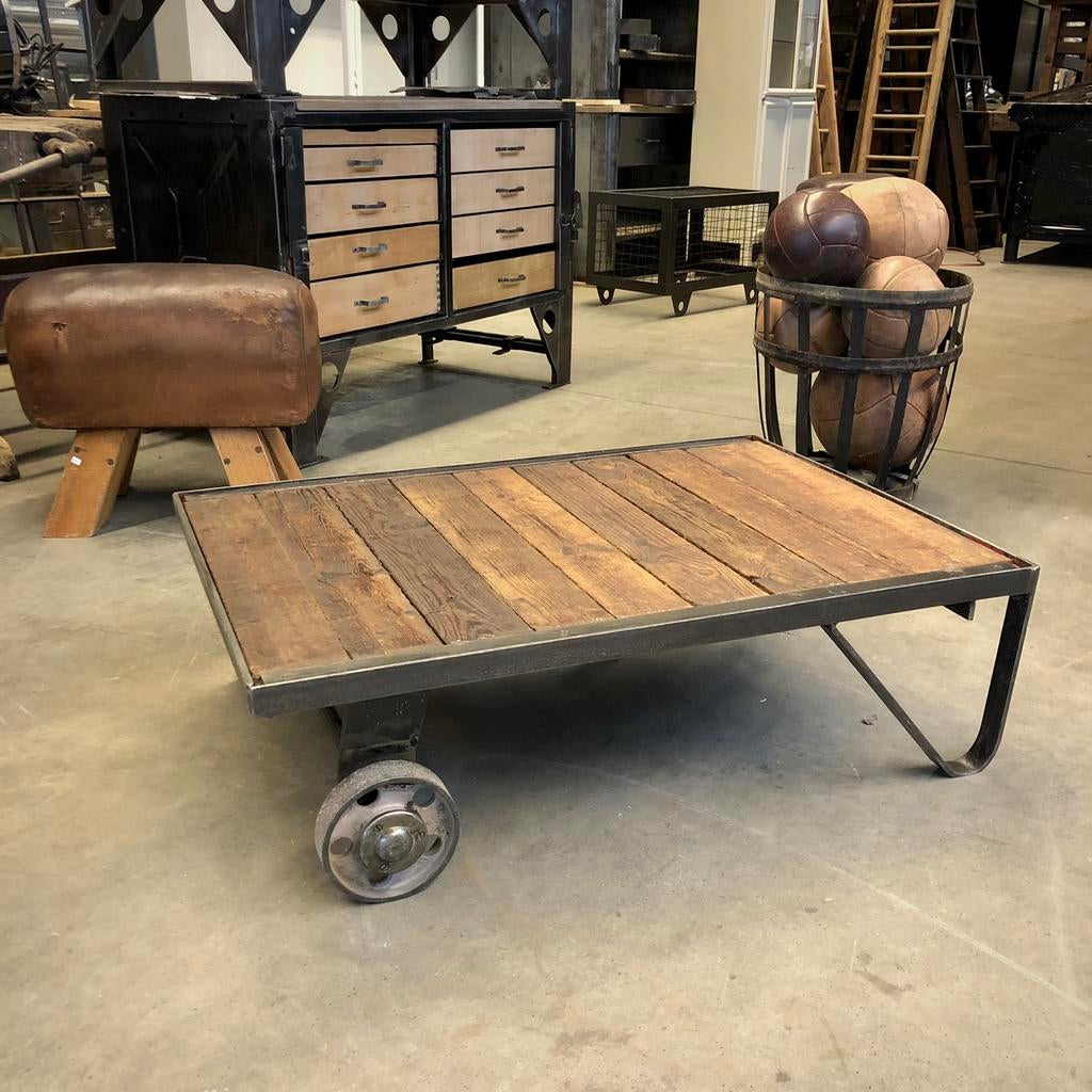 Oude palletwagen, industriële salontafel, tafel, vintage, Ophalen of Verzenden