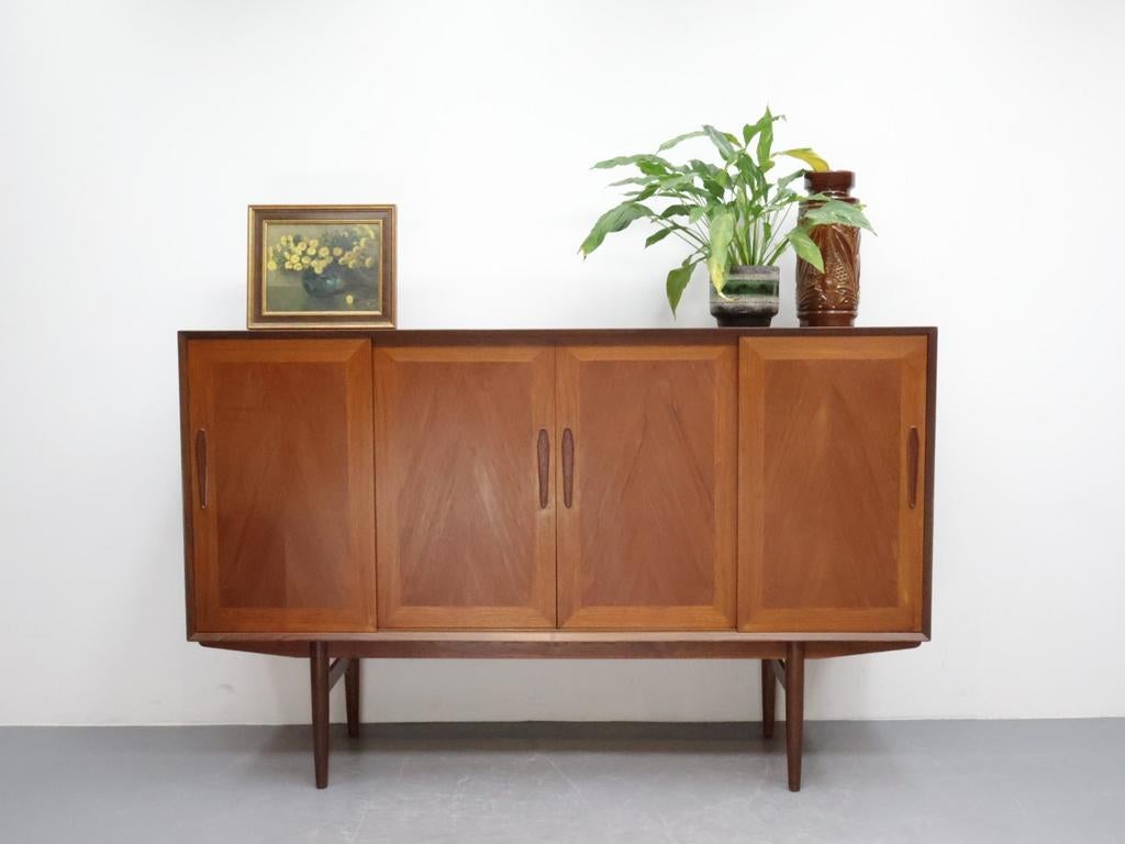 Groot Deens wandmeubel | Schuifdeuren | Teak | Vintage, Met deur(en), ., Glas, 150 tot 200 cm
