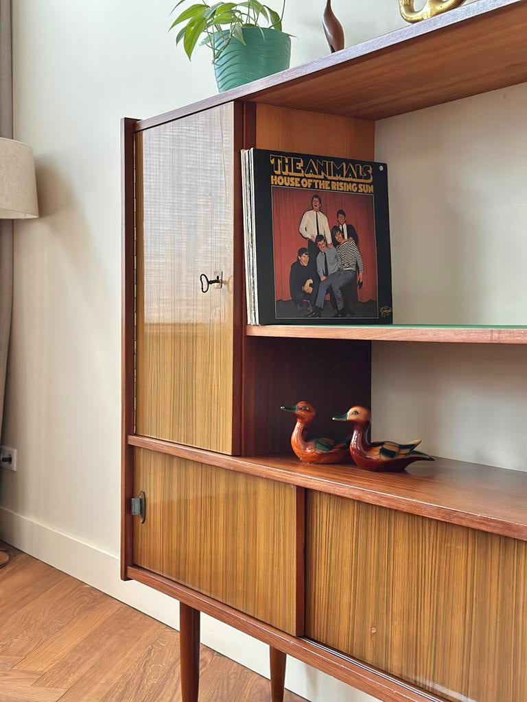 Vintage highboard teak hout jaren 50/60/70 wandkast, Ophalen, Gebruikt, Met deur(en), 100 tot 150 cm