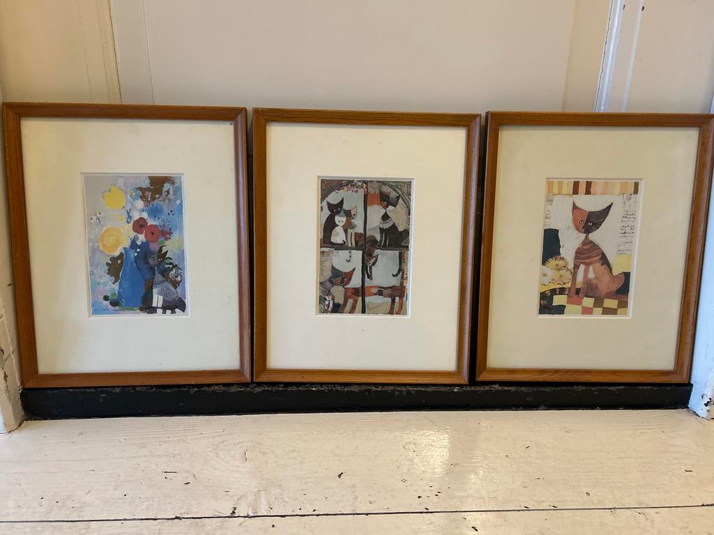 Drie ingelijste kattenkunstwerken, Ophalen of Verzenden