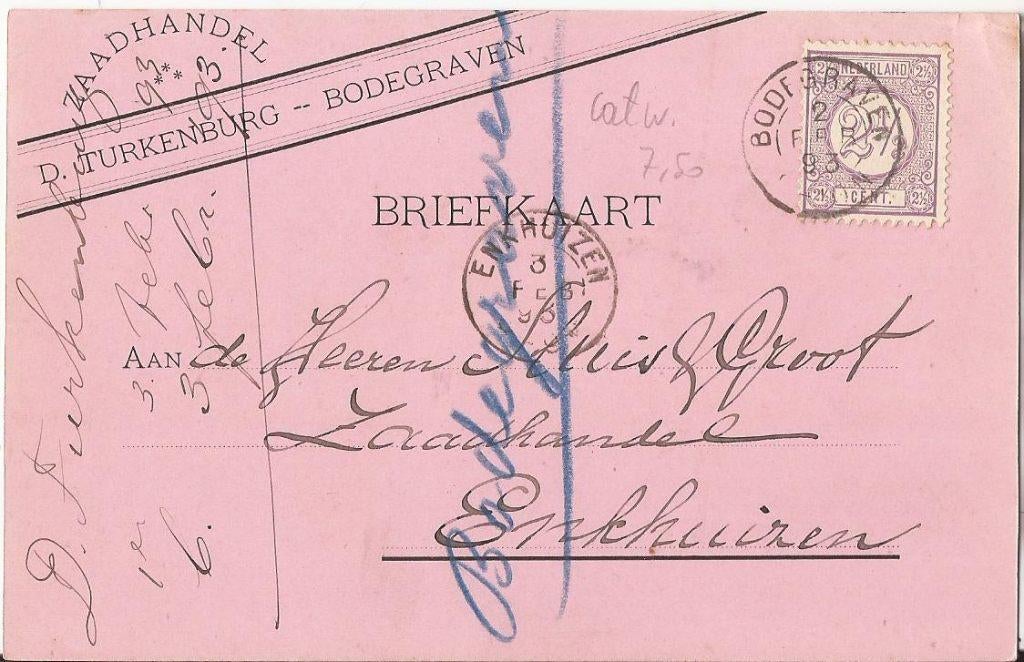 BODEGRAVEN 1893 Zaadhandel TURKENBURG over haarl. tuinbonen, Ophalen of Verzenden, Voor 1920, Gelopen, Zuid-Holland